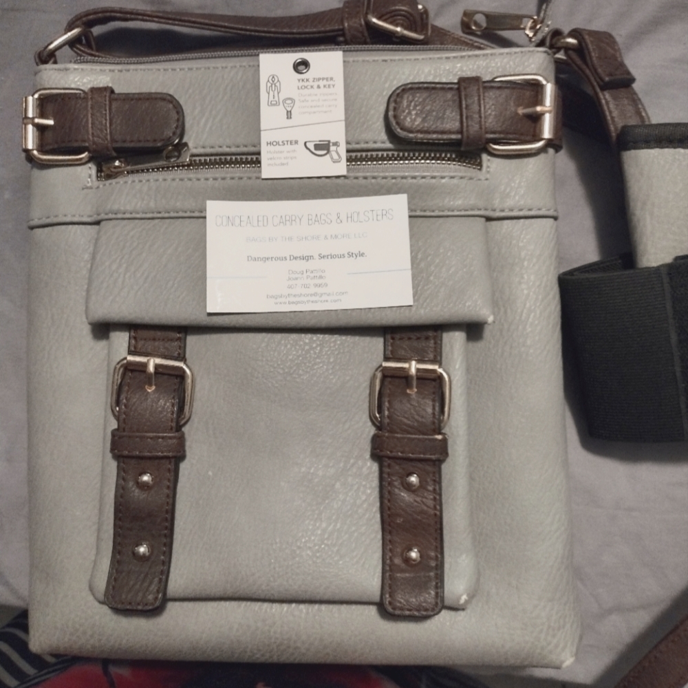 Concealed carry purse with locking compartment and Velcro holster.